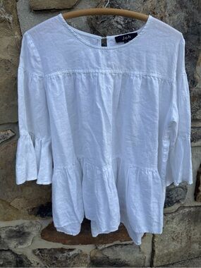 Coastal White 100% Linen Tiered Peasant Tunic Swim Cover-Up Large Beach